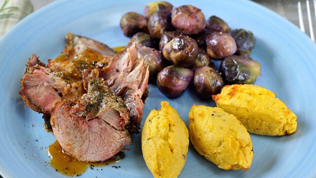 Leg of lamb with Brussels sprouts and potato quenelles